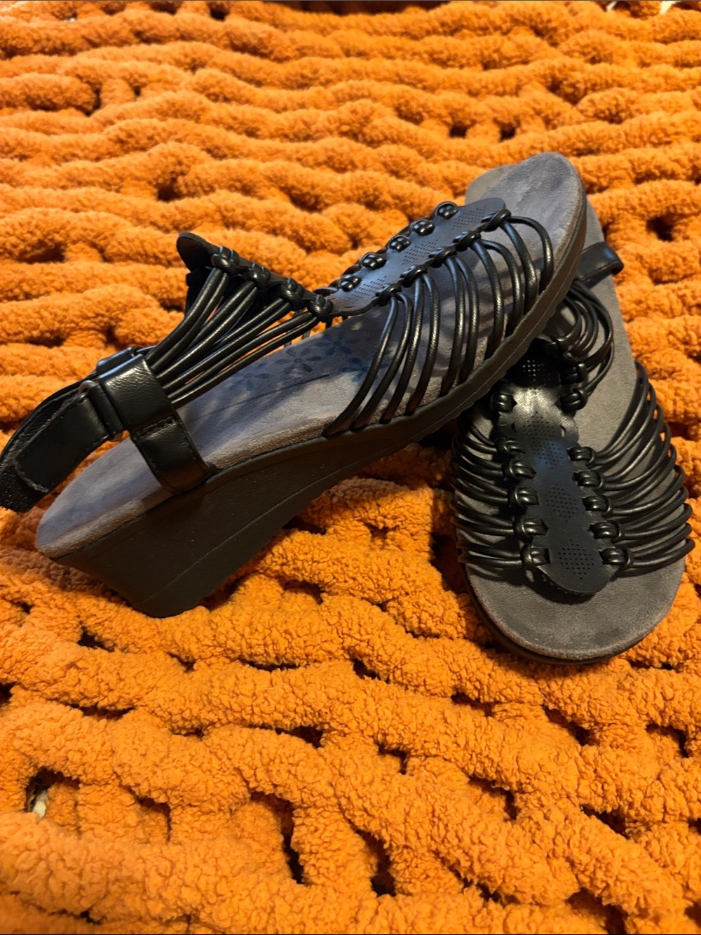 BareTraps Black Beaded Strappy Wedge Sandals